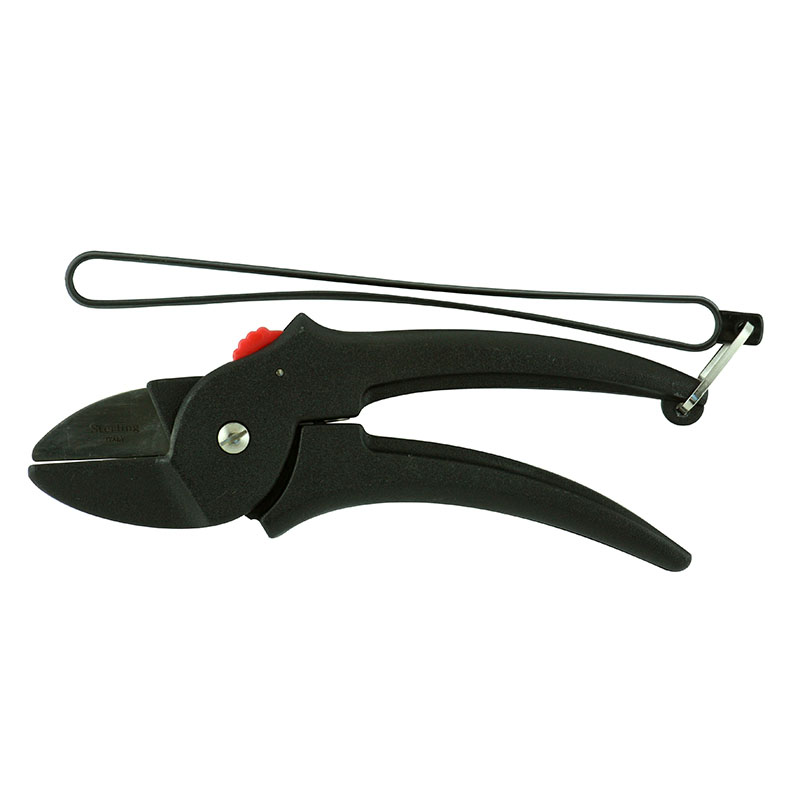 Pliers-style cutting tool with black ergonomic handles and a small red adjustment knob, used to cut and trim cable ties or plastic fasteners.