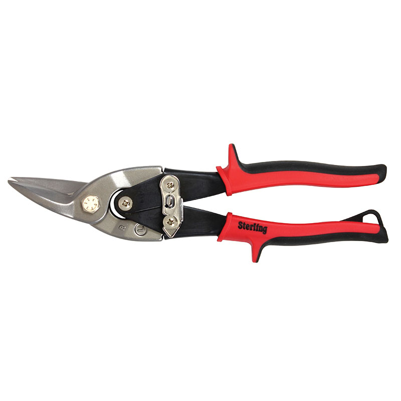 Sterling tin snips (aviation snips) with red/black ergonomic handles and a locking latch for cutting metal sheets.