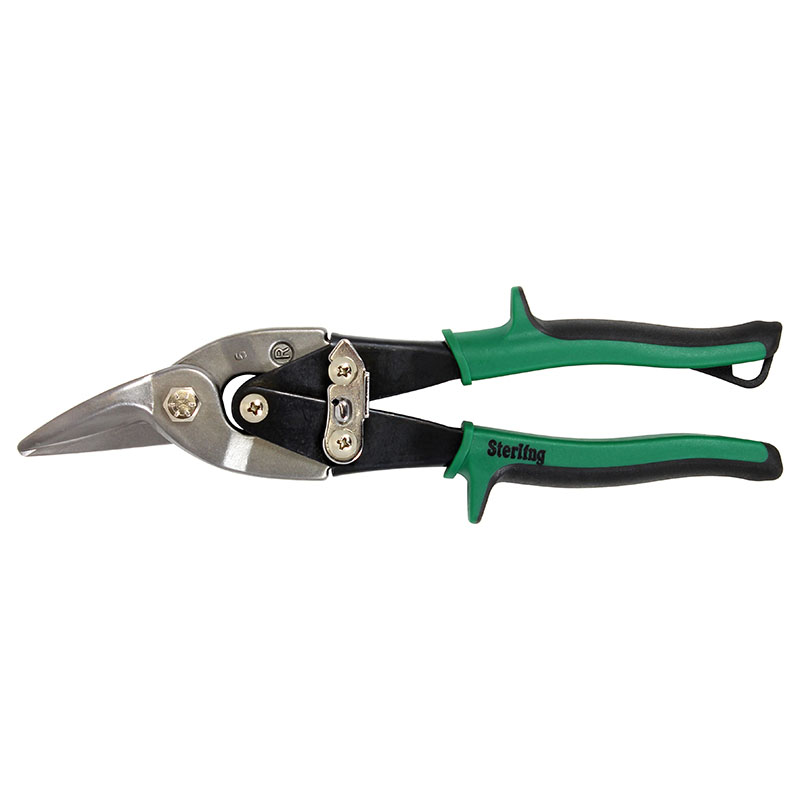 Green-handled pruning shears with metal blades for trimming branches with a locking latch on white background