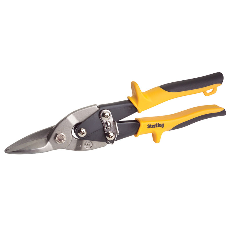 Yellow and black hand-pruning shears with locking latch and curved blades used for cutting thick branches or sheet metal (tin snips).