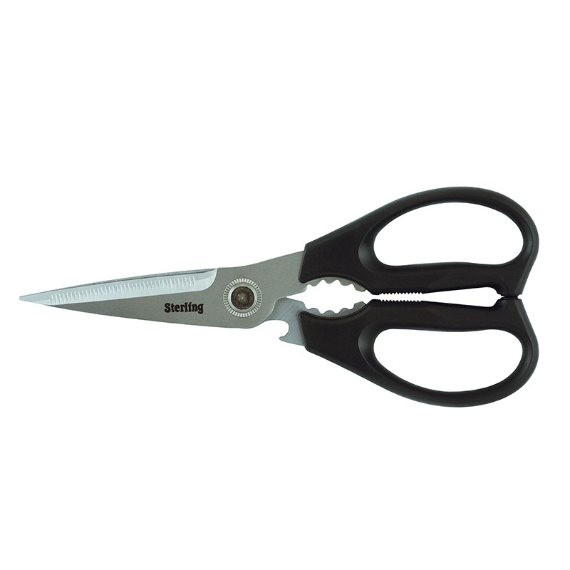 Kitchen scissors with black ergonomic handles and stainless steel blades (Sterling brand) ready for cutting chores