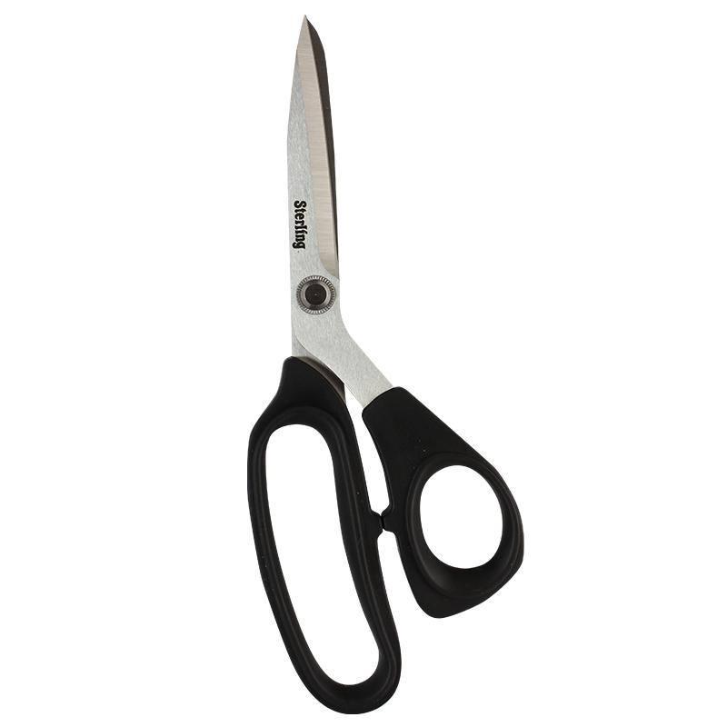 Pair of stainless steel scissors with black ergonomic handles, labeled Sterling, suitable for kitchen use.