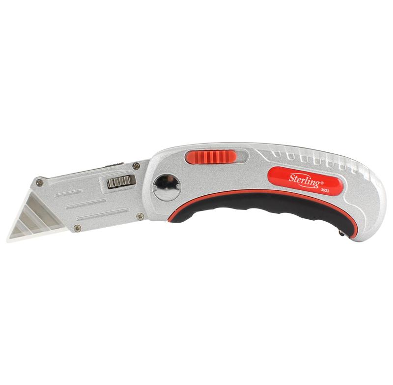 retractable utility knife with silver body and orange accents, blade extended for cutting