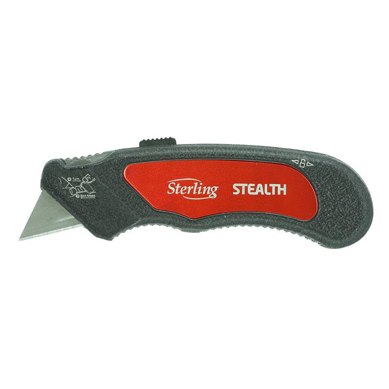 Red-and-black retractable utility knife with exposed blade tip and brand label 'Sterling Stealth' on the side, used for cutting tasks.