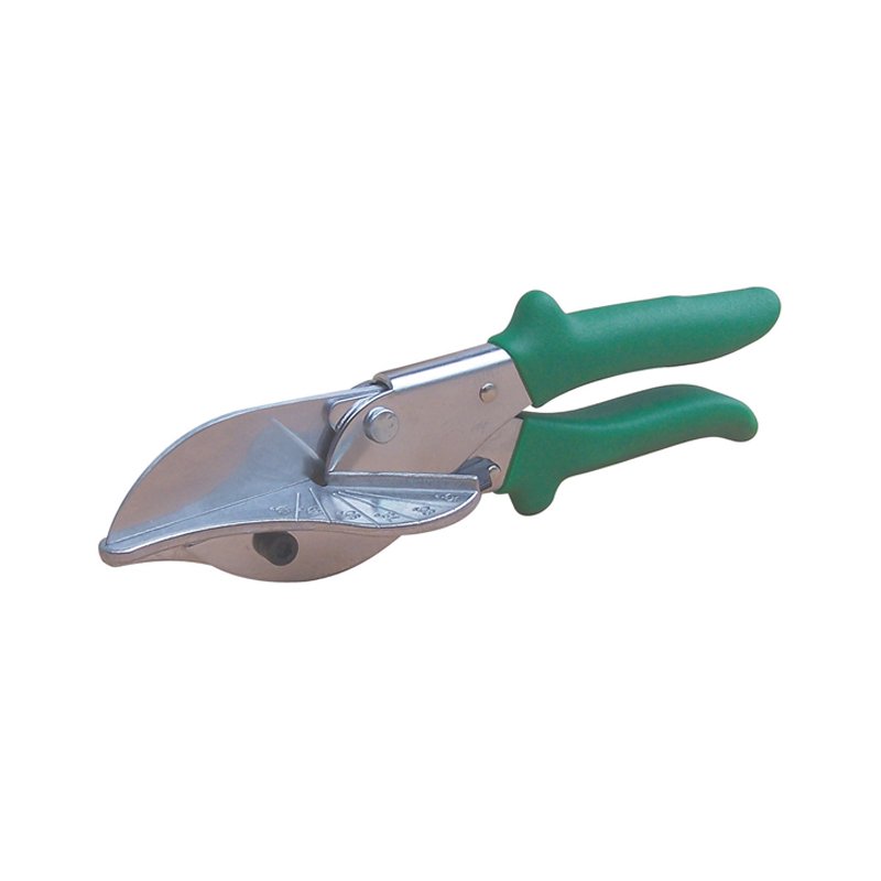 Metal pruning shears with curved blade and green plastic-coated handles for trimming branches in gardening.