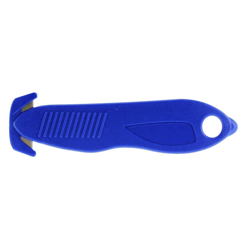 Blue plastic vegetable peeler with an ergonomic handle and built-in blade for peeling produce, hanging hole at the end for storage