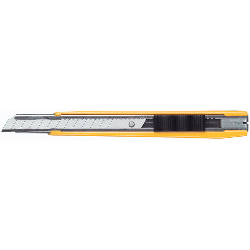 Retractable utility knife with a silver blade and orange plastic housing, extended blade visible from the left side