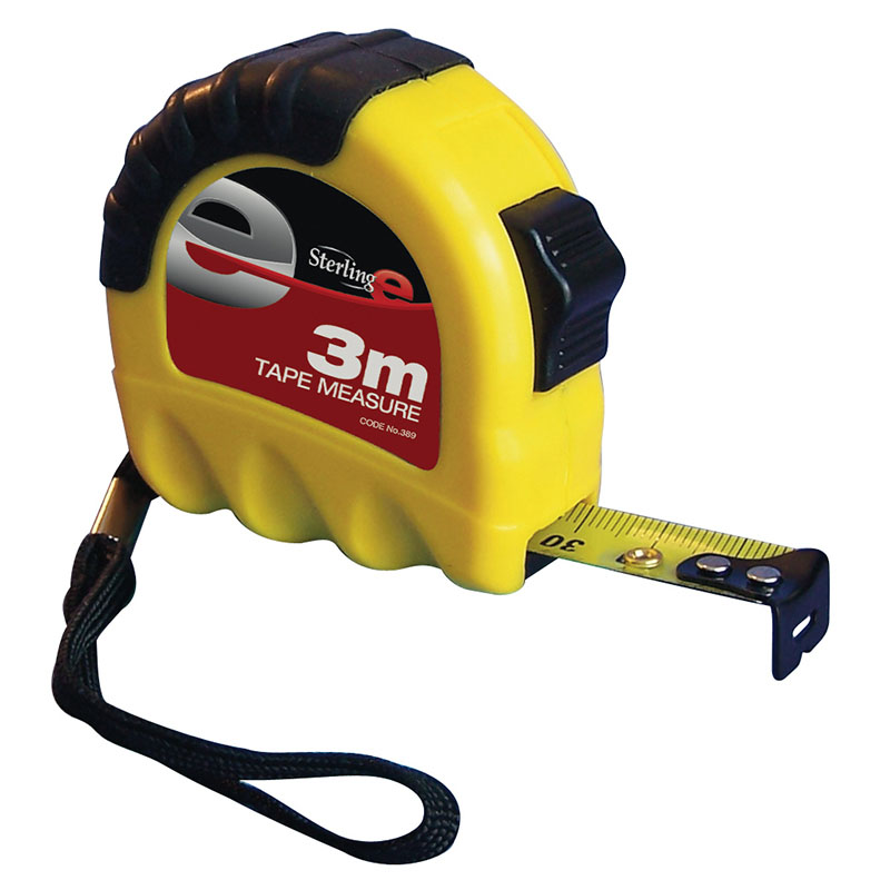 Yellow plastic 3-meter tape measure with a partially extended metal blade and wrist strap.
