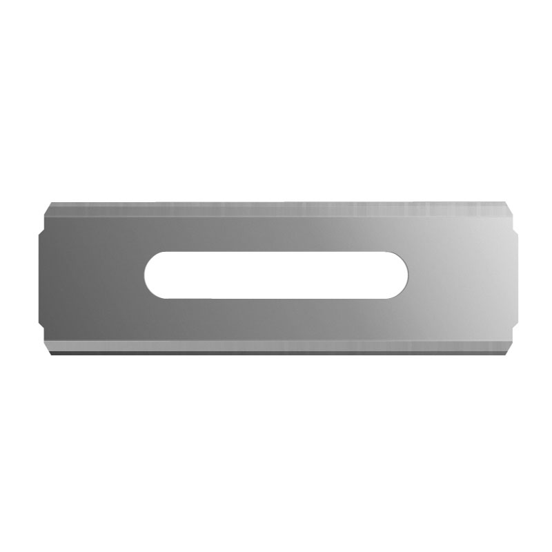 Flat silver razor blade with a long central oval opening in the middle of the blade surface