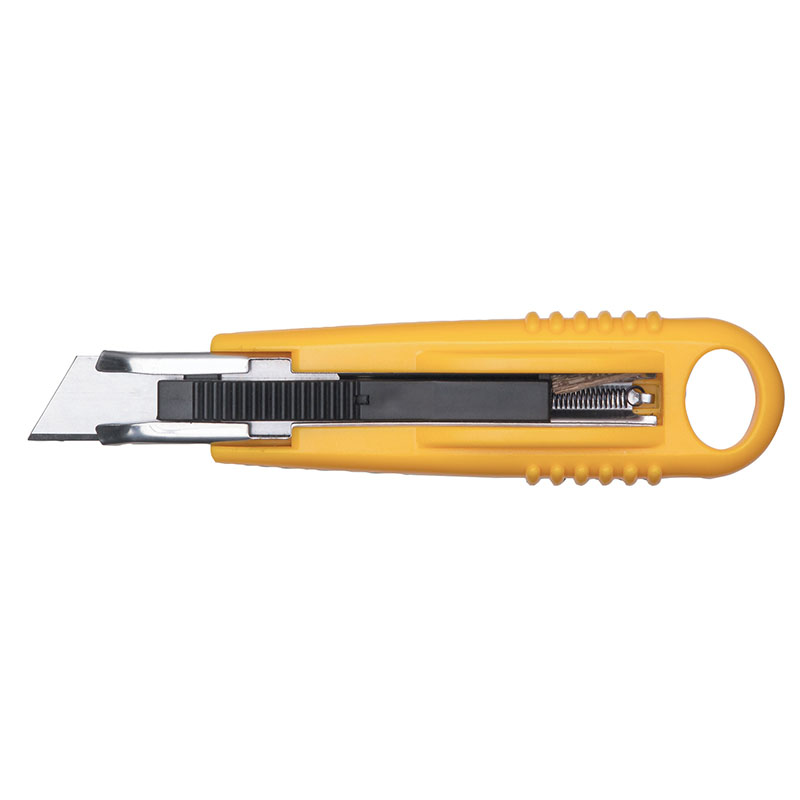 Yellow retractable utility knife with a retractable razor blade for cutting boxes and paper, shown from the side