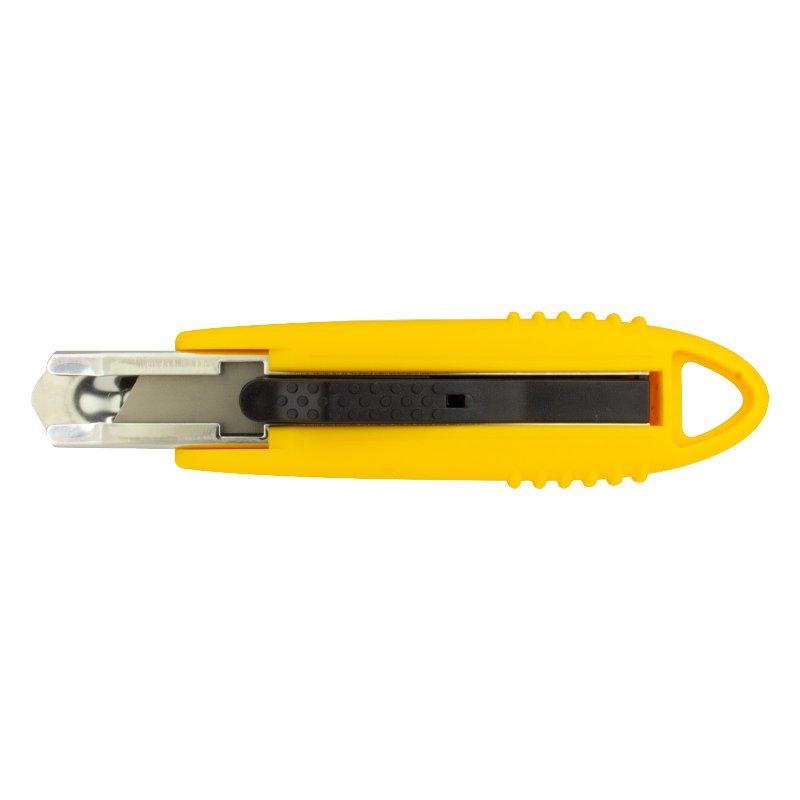Yellow utility knife (box cutter) with metal blade housing and black textured grip, shown from the side on a white background.