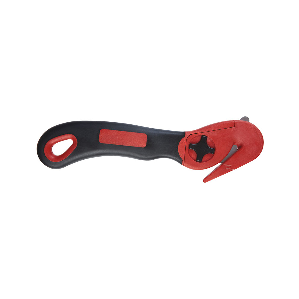 Red and black handheld pipe cutter with a rotating cutting wheel and adjustable jaw edge, shown in side view