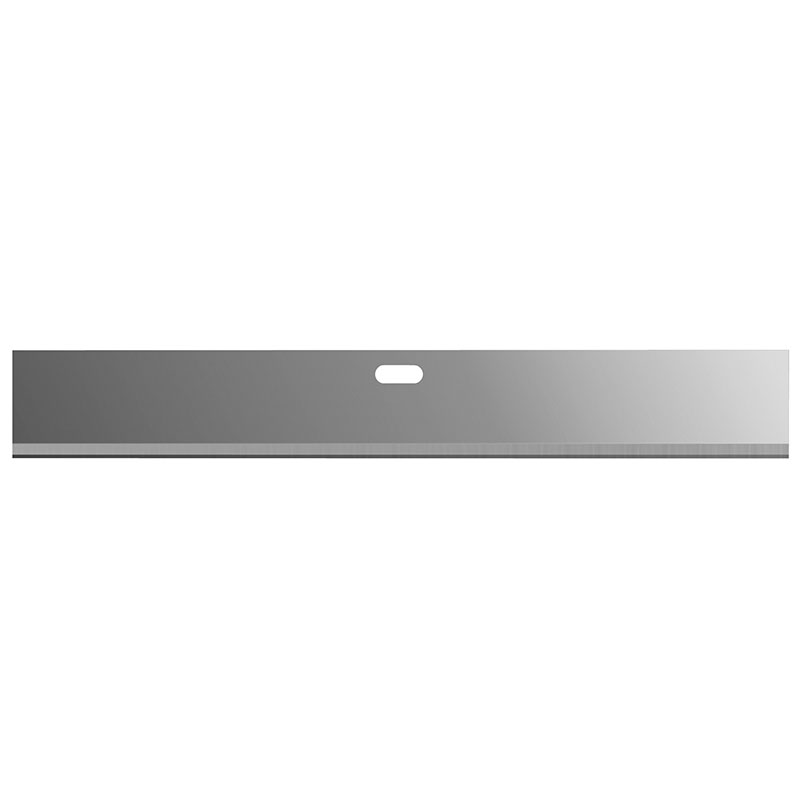 Long metallic ruler with a small oval hole in the center and measurement marks along the bottom edge.
