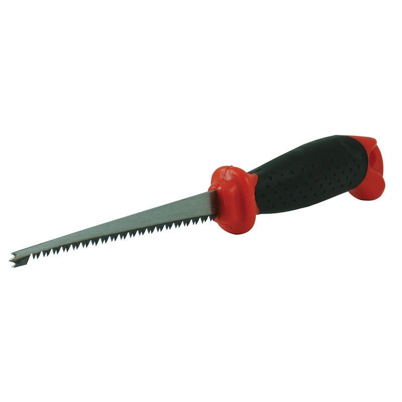 Red-and-black-handled hand saw with a serrated blade for cutting wood, shown in close-up.