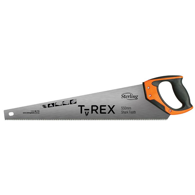 Silver handsaw with an orange-and-black handle, labeled TOREX, 550 mm Shark Tooth.