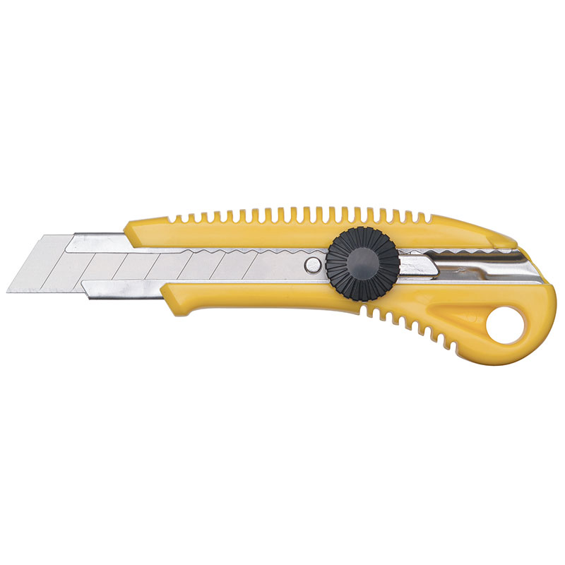 Yellow retractable utility knife with an exposed blade and a black dial for blade adjustment in the center