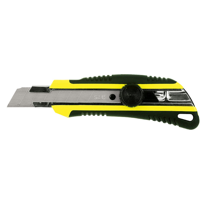 Retractable utility knife with yellow and black handle and extended blade