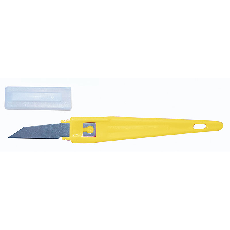 Yellow retractable utility knife with an extended blade and a clear blade guard nearby.