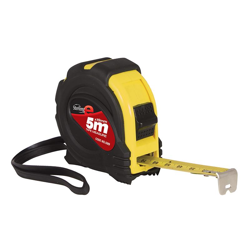 Yellow and black retractable tape measure with a 5 m tape extended, on a white background (brand 'Sterling').