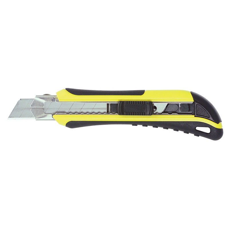 Yellow and black retractable utility knife with extended blade, shown in profile on white background in cutting position