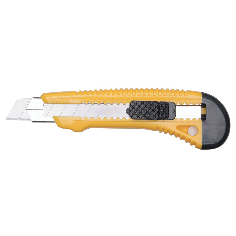 Yellow retractable utility knife with extended blade and textured grip for cutting tasks of packages or cardboardeø