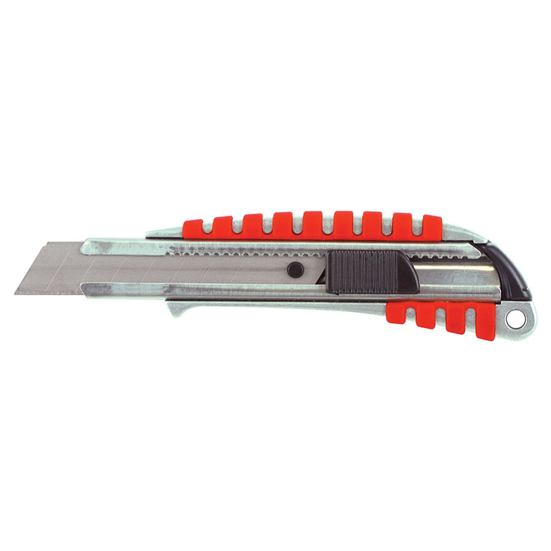 Metal utility knife with retractable blade and orange grip accents used for cutting materials like cardboard or drywall