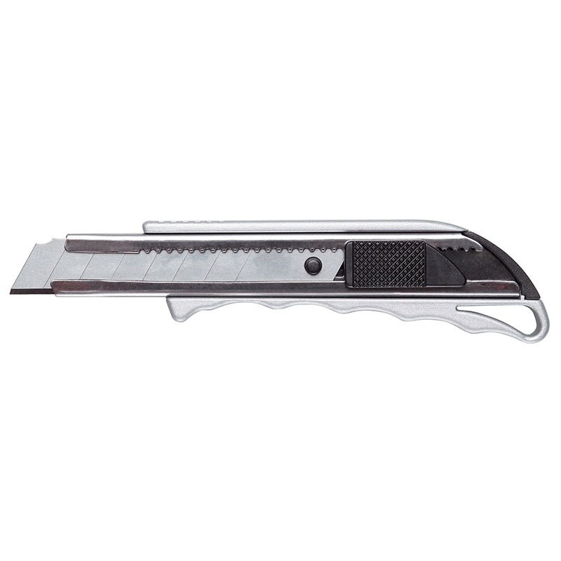 Retractable-blade utility knife sitting ready for cutting tasks, with a textured grip and metal body.