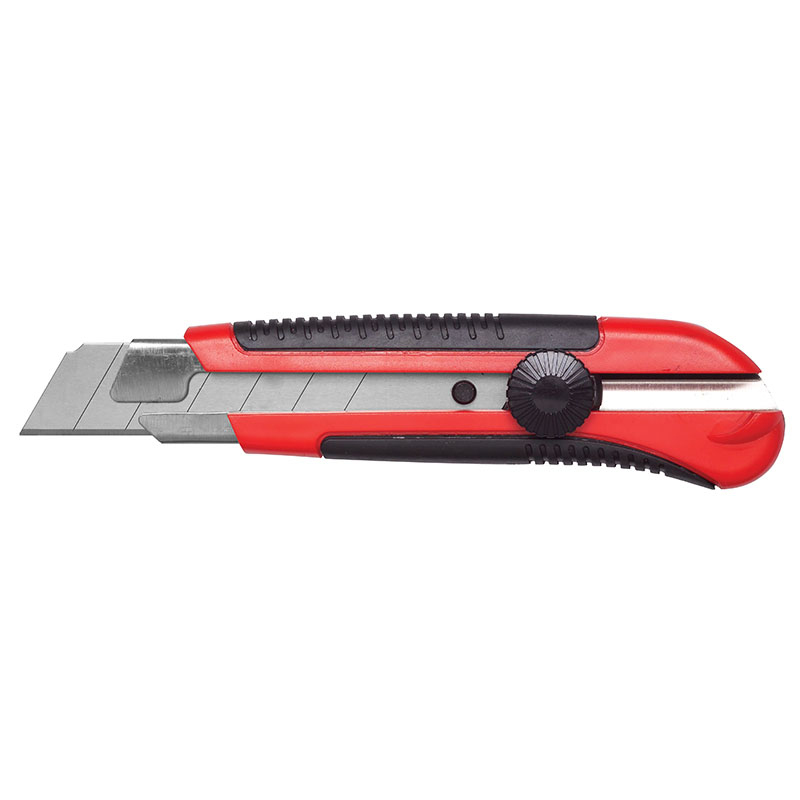 Red and black retractable utility knife with exposed blade for cutting cardboard or paper