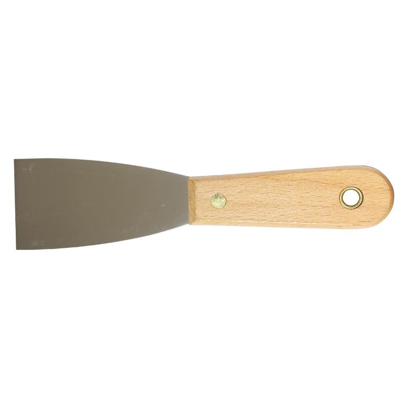 Flat metal spatula with a light wooden handle and a brass rivet, shown horizontally.