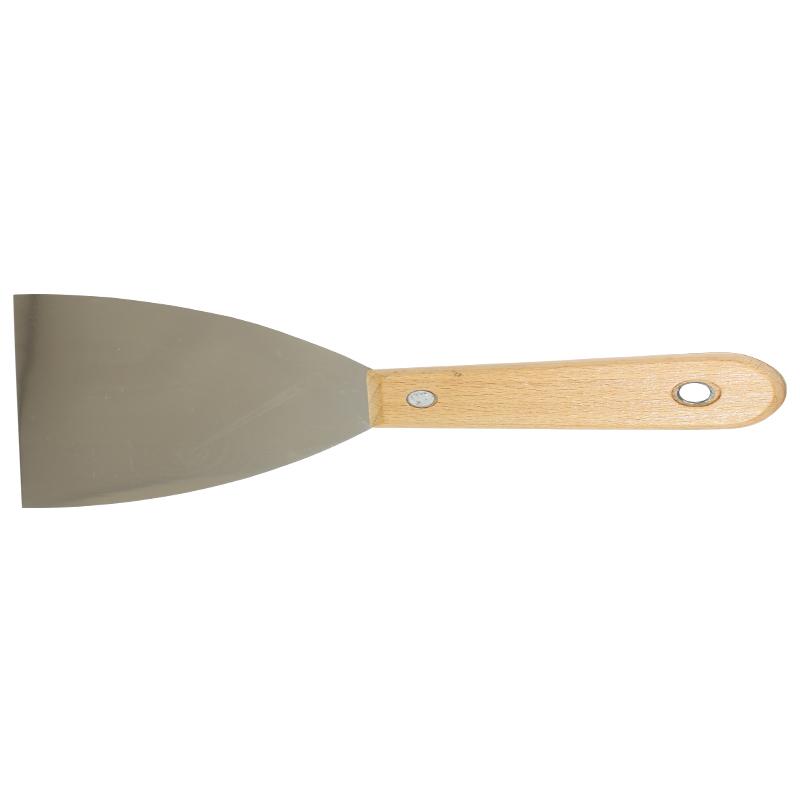 Flat metal trowel with a light wooden handle used for plastering or masonry applications momentarily aligned horizontally to the left of the image.