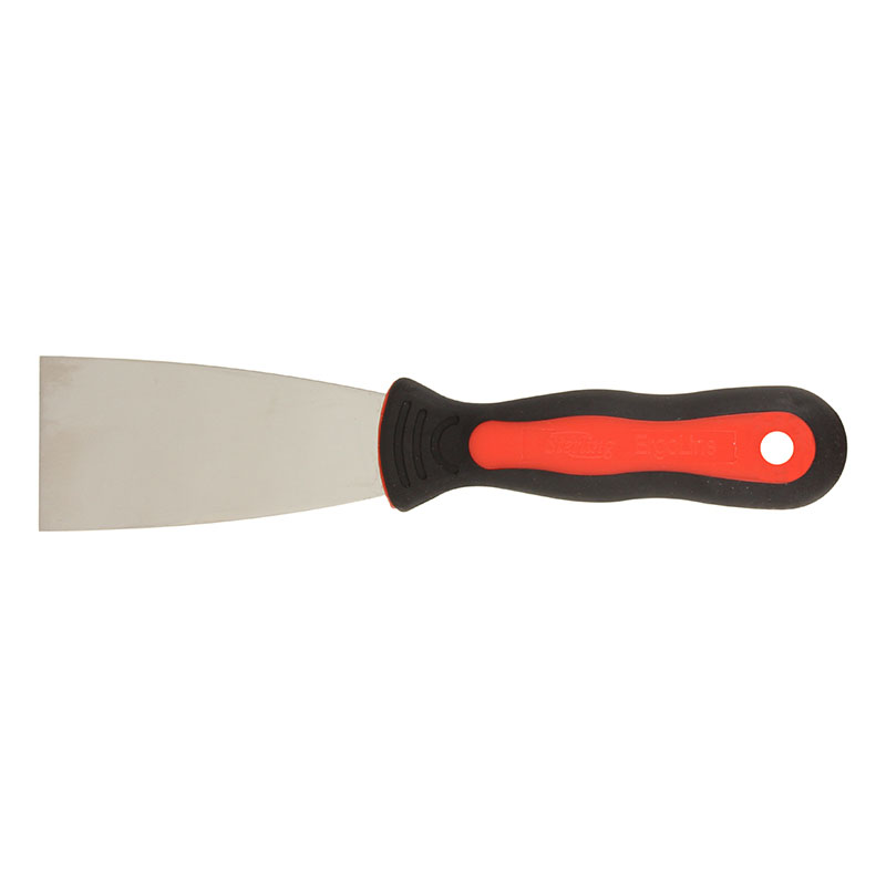 Red-and-black ergonomic putty knife with a wide metal blade for scraping or applying filler.