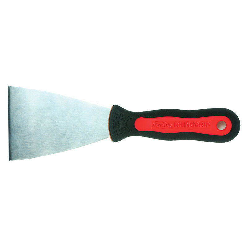 Wide-blade putty knife with a metal blade and red–black ergonomic handle.