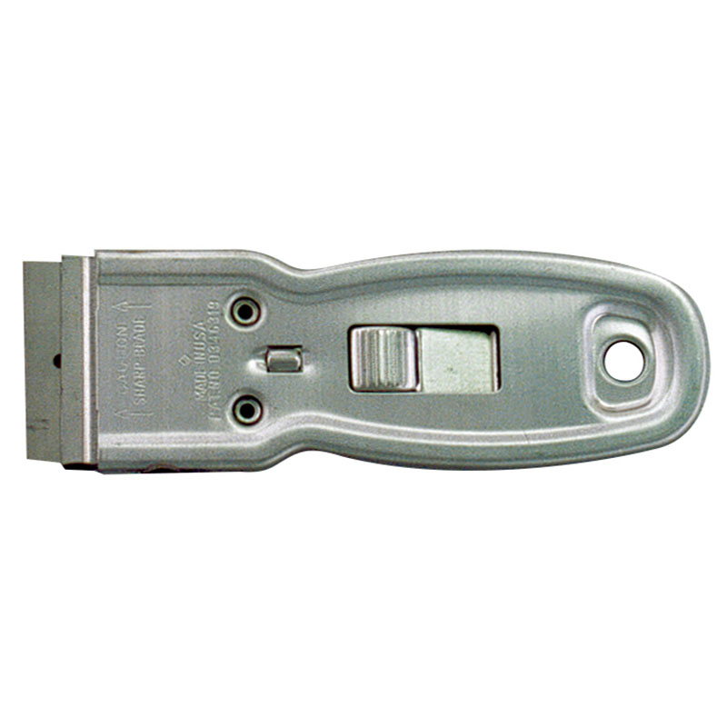 Silver metal handheld utility knife with a sliding blade and a hanging hole at the handle end (top view).