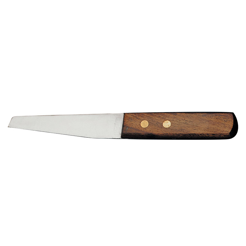 Kitchen knife with a wooden handle and a long straight blade, laid horizontally on a white background.
