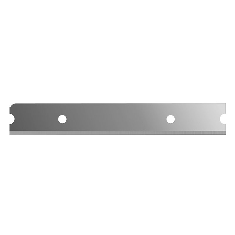 Metal ruler with a flat, silvery body and evenly spaced holes, used for measuring.