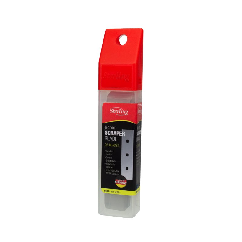 Scraper blade pack in a red plastic container, labeled Sterling, containing 25 94mm blades in a clear case