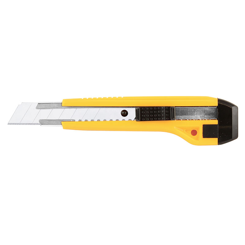 Yellow-handled utility knife with a retracted black grip and extended replaceable blade for cutting cardboard or paper (box cutter)