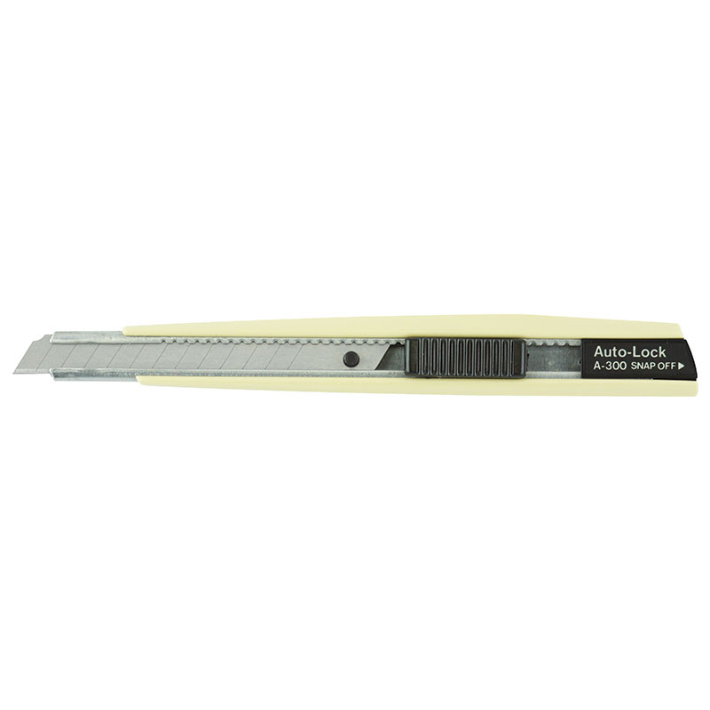 Yellow-handled box cutter with a retractable blade and Auto-Lock mechanism, shown horizontally