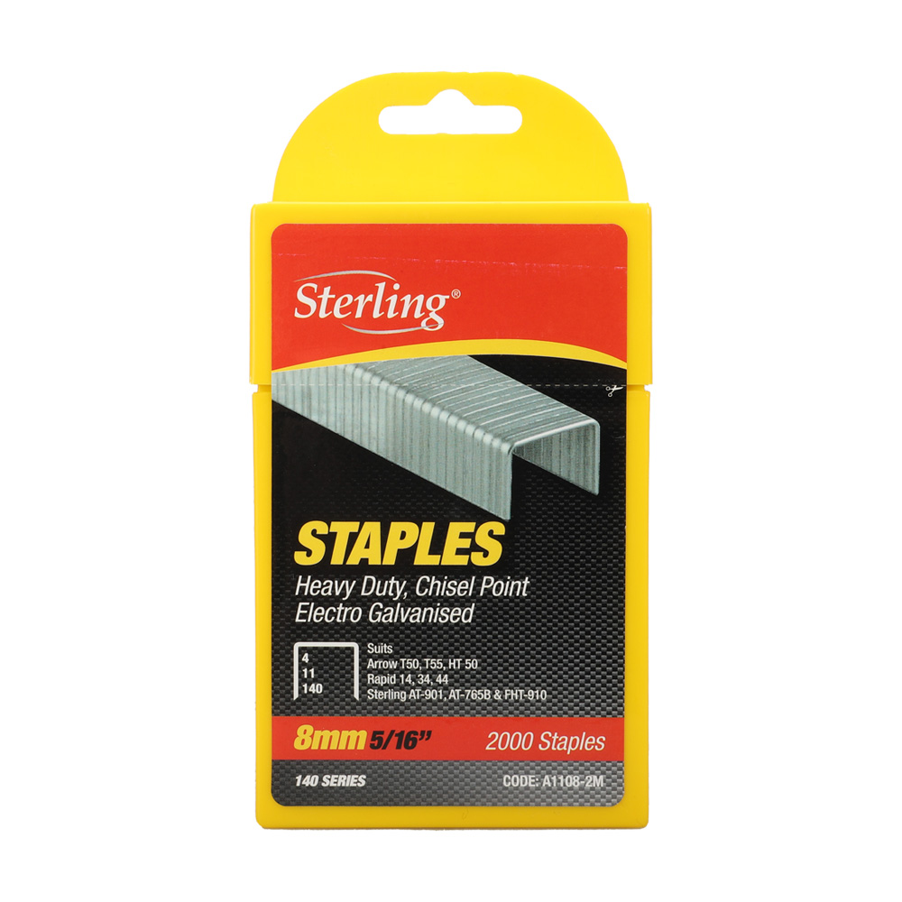 Sterling heavy‑duty staples box, 8mm (5/16"), 2000 staples, electrogalvanized