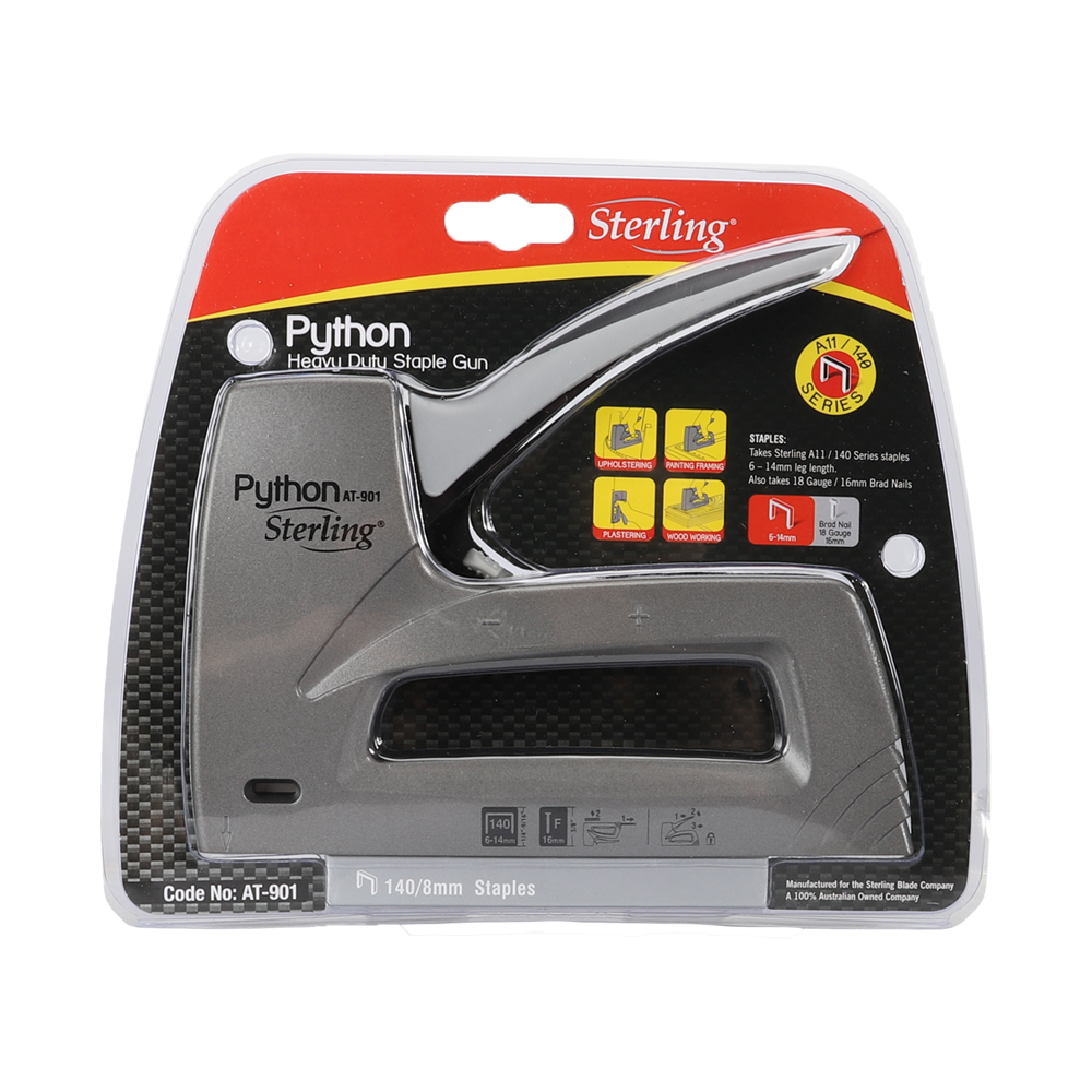Sterling Python AT-901 heavy-duty stapler in packaging labeled 140/8mm staples