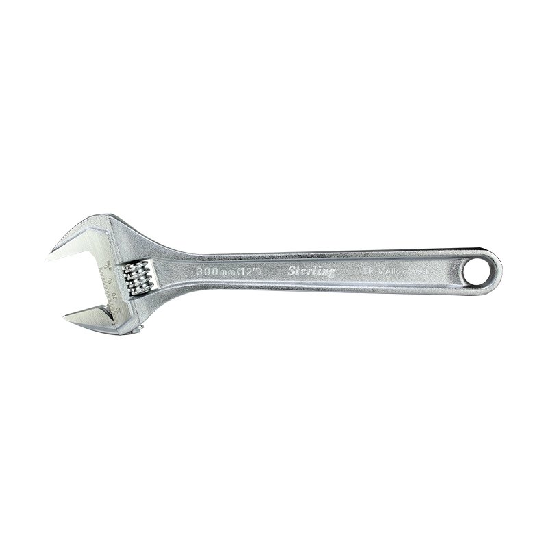 Adjustable crescent wrench with a movable jaw, metallic silver, about 300 mm (12 in) long