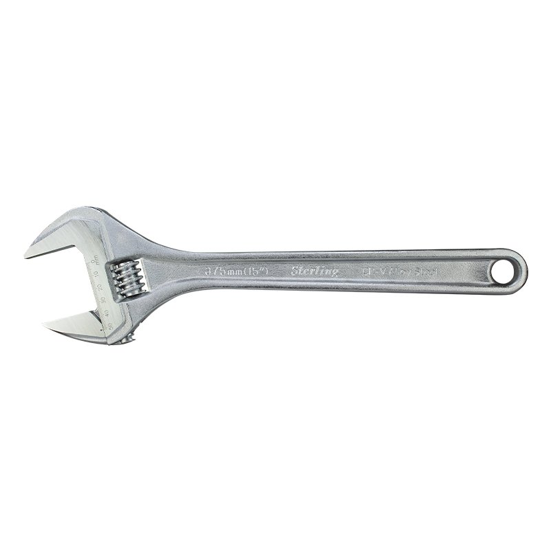 An adjustable crescent wrench made of metal, with a movable jaw and knurled adjustment screw facing left on a white background (size ~7-10 inches).
