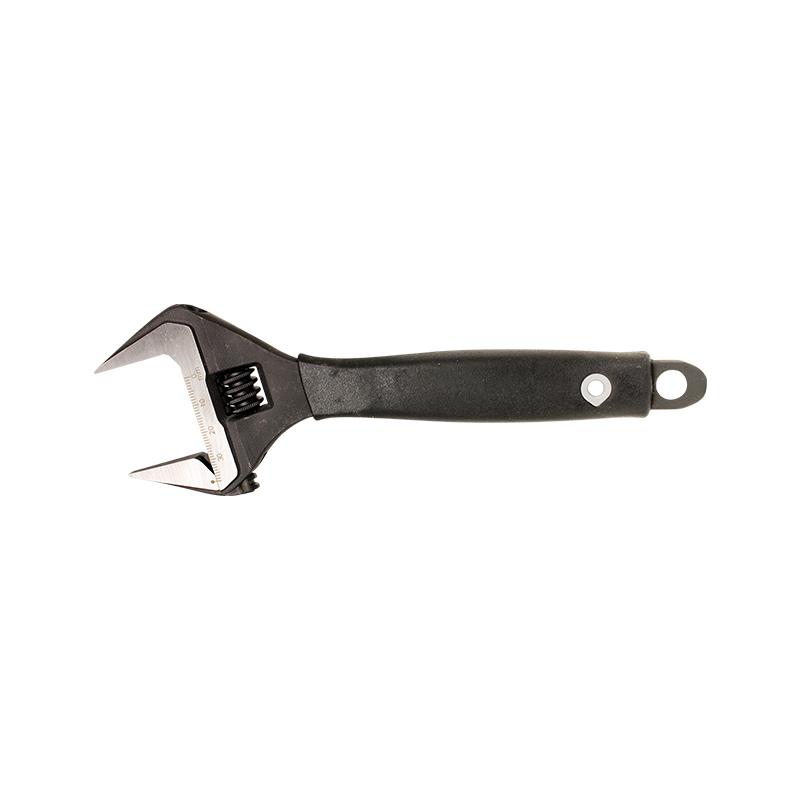 Black-handled adjustable wrench with a movable jaw used to grip and turn nuts and bolts, shown side-on against a white background.