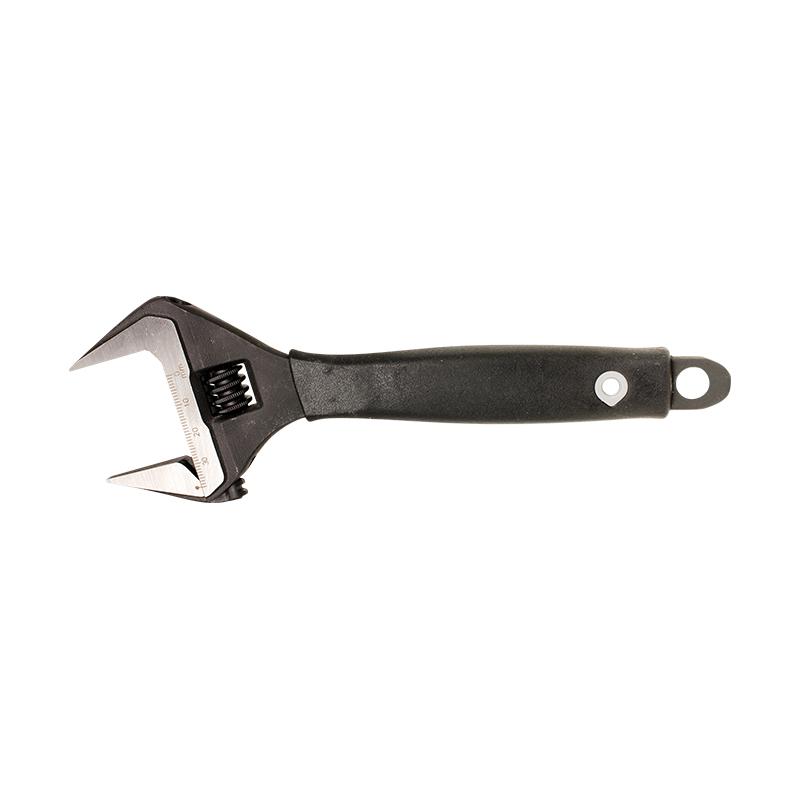 Adjustable crescent wrench with a movable jaw and knurled adjustment screw on a black handle
