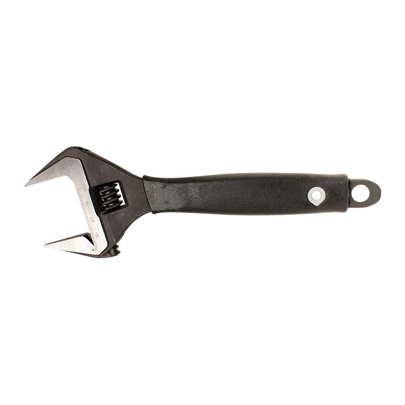 Adjustable wrench with black handle and metal jaws on a white background, showing a scale on the jaw side.