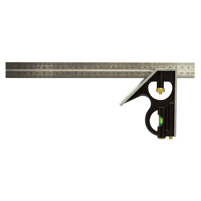Combination square with a long metal ruler extending left and a black head with a bubble level for precise layout and measuring in woodworking.