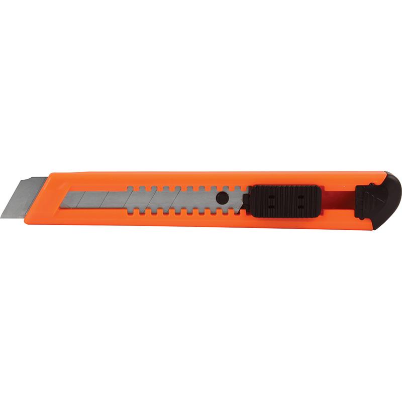 Orange retractable utility knife with a silver blade extended and a black grip, set against a white background.