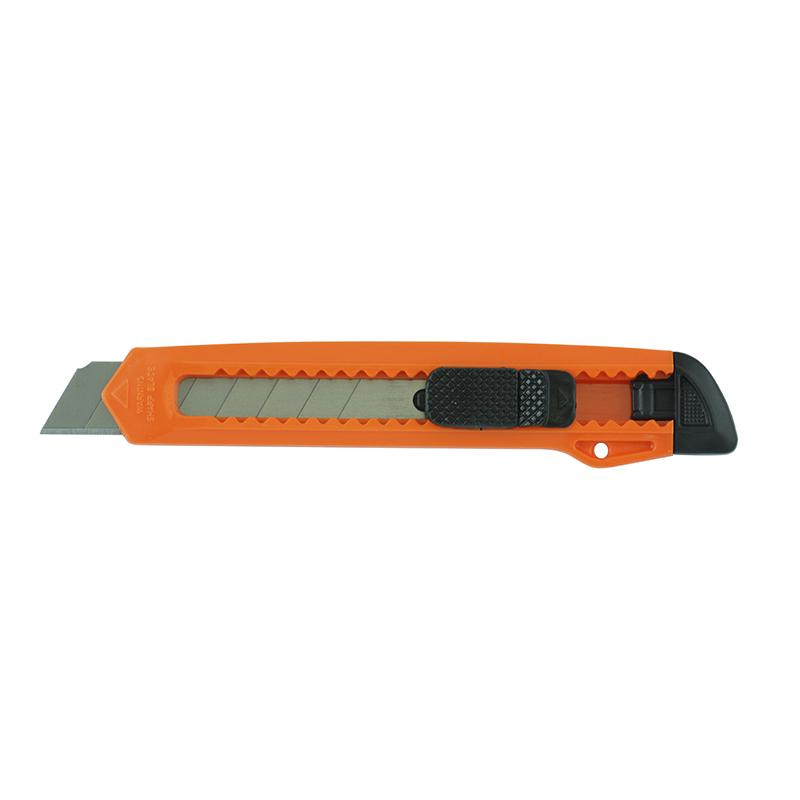Orange utility knife with a retracted blade slider and black grip, facing left for cutting tasks.