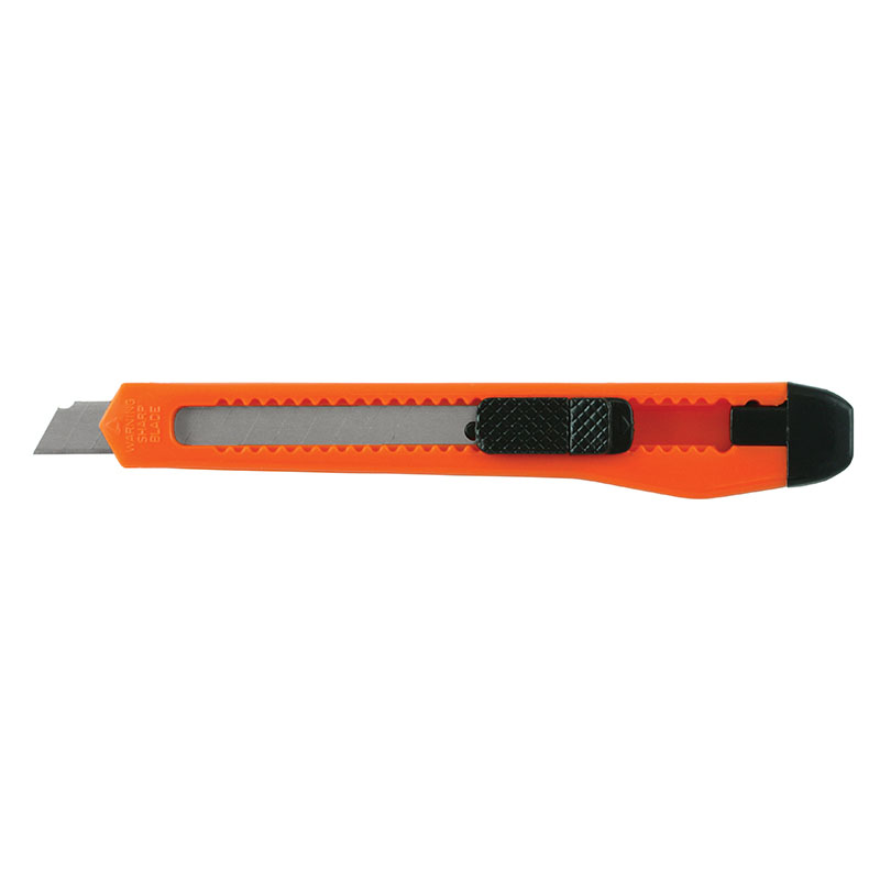 Orange retractable utility knife with a silver blade extended from the blade housing and a black thumb slider on top.