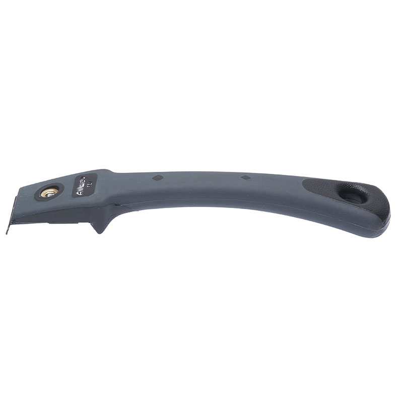 Handheld utility scraper with a single razor blade for removing paint, tape, or stickers (ergonomic gray handle).